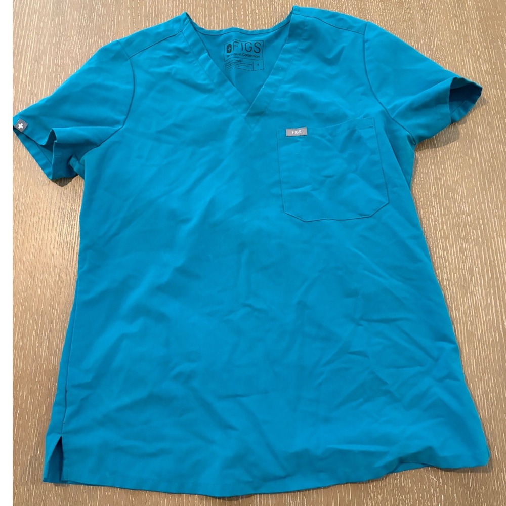 FIGS Technical Collection Scrub Top Size S Teal V-Neck Short Sleeve Chest Pocket